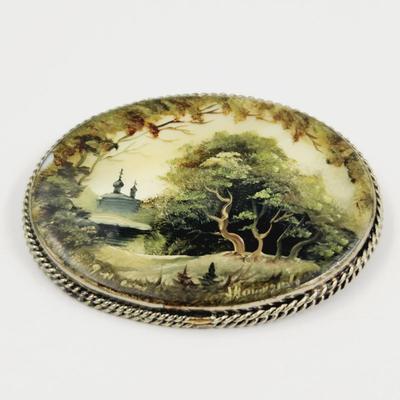 BEAUTIFUL ARTIST SIGNED MOTHER OF PEARL SHELL ART PIN