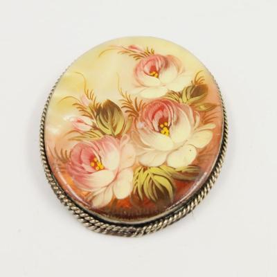 BEAUTIFUL ARTIST SIGNED MOTHER OF PEARL SHELL ART PIN #2