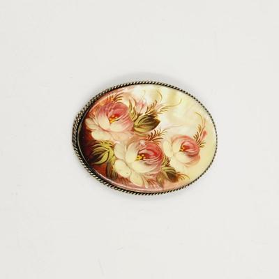 BEAUTIFUL ARTIST SIGNED MOTHER OF PEARL SHELL ART PIN #2