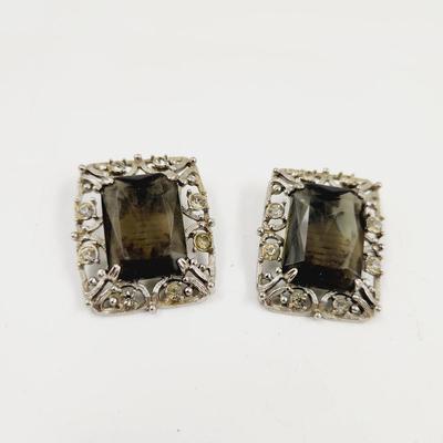 SARAH COVENTRY SIGNED "CELEBRITY" SMOKEY TOPAZ GLASS CLIP ON EARRINGS