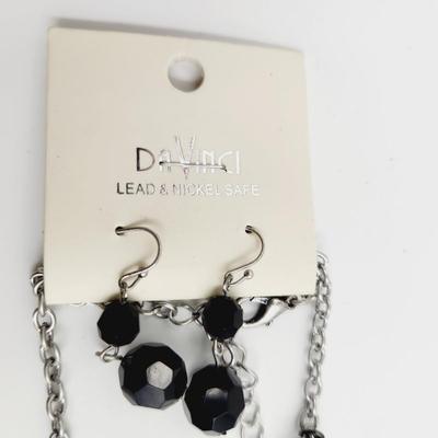 NEW DAVINCI SILVER TONE & BLACK NECKLACE & EARRINGS SET