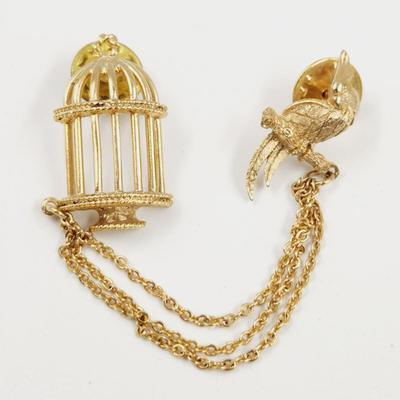 VINTAGE GOLD TONED BIRD & CAGE PIN