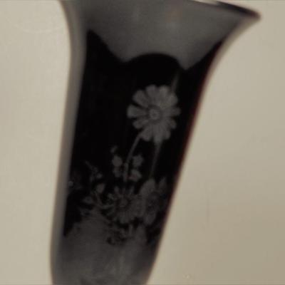 Black Glass Etched with Flowers Vase