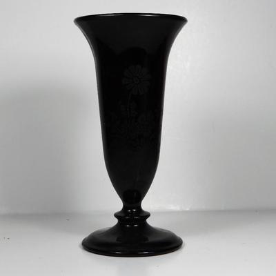 Black Glass Etched with Flowers Vase