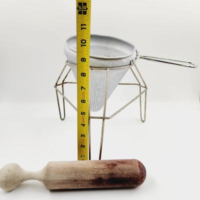 VINTAGE FOOD MILL TRIPOD W/ SIEVE CONE & WOOD MASHER