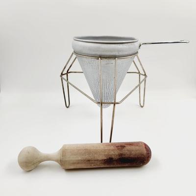 VINTAGE FOOD MILL TRIPOD W/ SIEVE CONE & WOOD MASHER