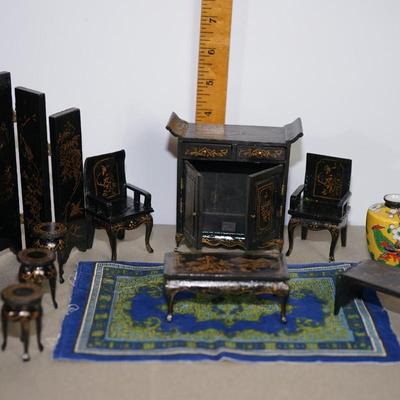 VINTAGE MINIATURE ASIAN  SIMULATED LAQUER PARLOR GROUPING. . CABINET, FERN STANDS , CHAIRS. SCREEN