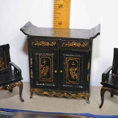 VINTAGE MINIATURE ASIAN  SIMULATED LAQUER PARLOR GROUPING. . CABINET, FERN STANDS , CHAIRS. SCREEN