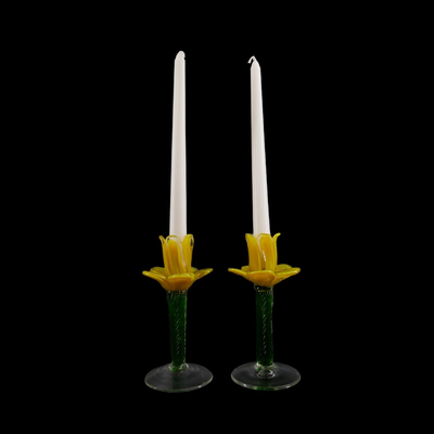 Hand-blown Glass Yellow Flower Candlesticks