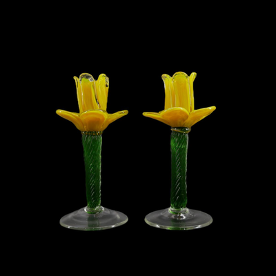 Hand-blown Glass Yellow Flower Candlesticks