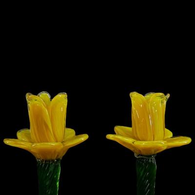 Hand-blown Glass Yellow Flower Candlesticks