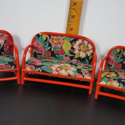 MINIATURE 1940'S PATIO GROUPING OF FLORAL  UPHOLSTERD WOODEN WOOD, FERN STANDS. PLUS