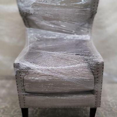 GREY LINEN WING CHAIRS $390 EACH (2 AVAIL) H46. W28  D30 - 2 Avail 