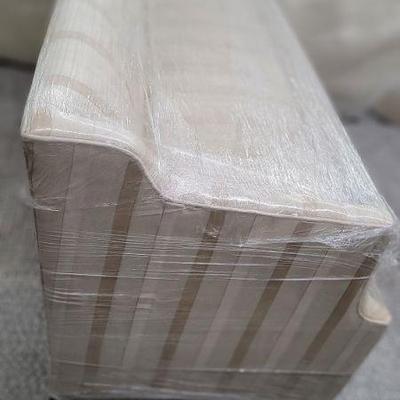 Cream and tan leather stripe settee  H35"  W35"  D29"