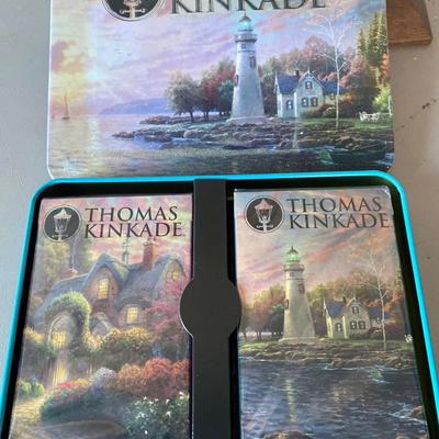 Tin with two decks of Thomas Kincaid bridge cards