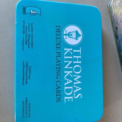 Tin with two decks of Thomas Kincaid bridge cards