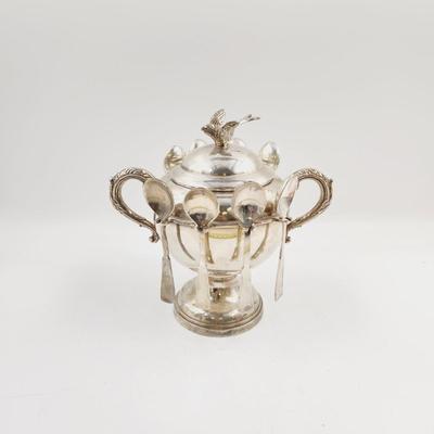 INTERNATIONAL SILVER CO SILVER PLATED BIRD SUGAR BOWL W/ SPOONS