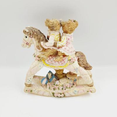 CUTE PINK RESIN TEDDYS ON A ROCKING HORSE COLLECTABLE