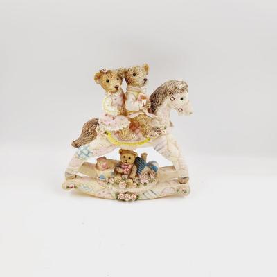 CUTE PINK RESIN TEDDYS ON A ROCKING HORSE COLLECTABLE