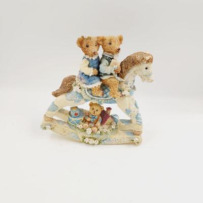 CUTE BLUE TEDDY ON ROCKING HORSE COLLECTABLE