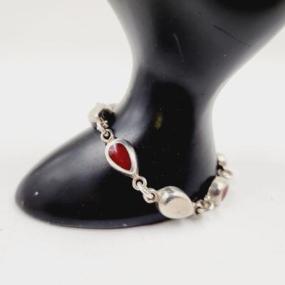 BEAUTIFUL .925 SILVER RED TURQUOISE INLAID BRACELET