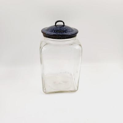 LARGE ANTIQUE JAR WITH ENAMEL LID
