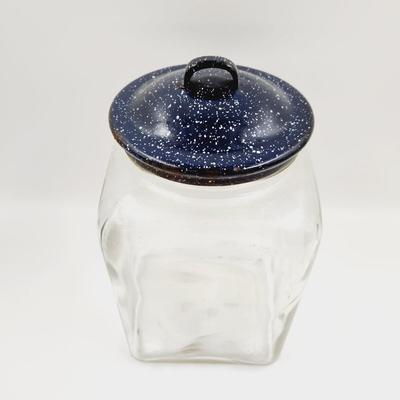LARGE ANTIQUE JAR WITH ENAMEL LID