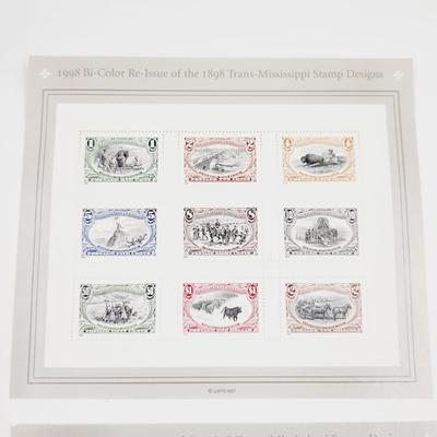 2 SHEETS - USPS STAMP COLLECTABLE 1998 BI-COLOR RE-ISSUE OF THE 1898 TRANS-MISSISSIPPI STAMP DESIGN (MULTI CENTS)