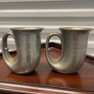 Two vintage pewter mugs with engraving.  5” high.