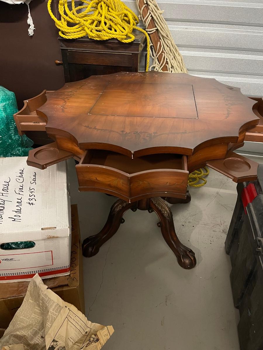 Vintage game table. Solid wood with drawers and pull out drink holders. 36” round table