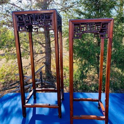 Chinese Carved Rosewood Pair Plant Stands