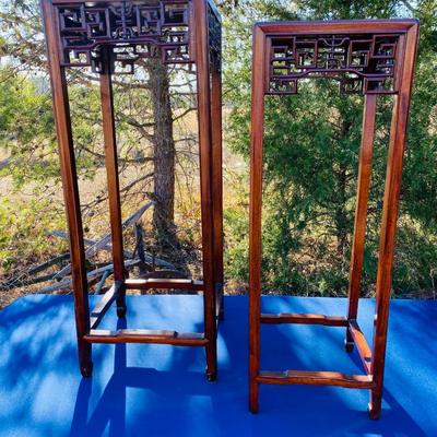 Chinese Carved Rosewood Pair Plant Stands