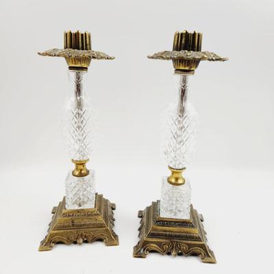 VINTAGE WESTWOOD CRYSTAL & BRASS CANDLE STICK HOLDERS