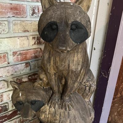 Adorable Outdoor Statue of Three Raccoons