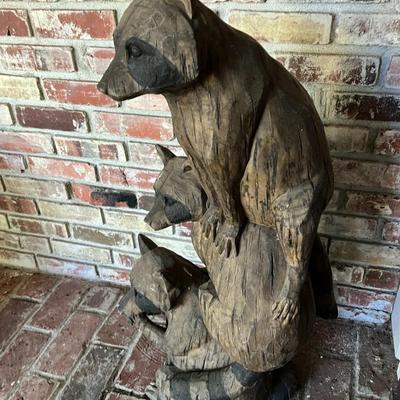 Adorable Outdoor Statue of Three Raccoons