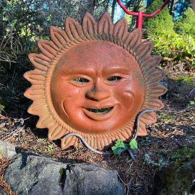 Terracotta Clay Smiling Sun Disk Art with Outdoor Garden Stand