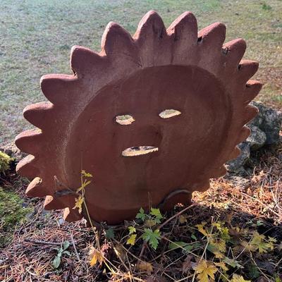 Terracotta Clay Smiling Sun Disk Art with Outdoor Garden Stand
