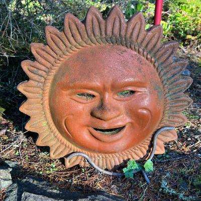 Terracotta Clay Smiling Sun Disk Art with Outdoor Garden Stand
