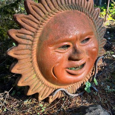 Terracotta Clay Smiling Sun Disk Art with Outdoor Garden Stand