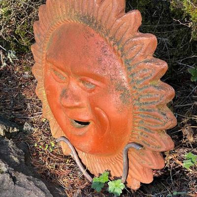 Terracotta Clay Smiling Sun Disk Art with Outdoor Garden Stand