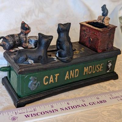 Vintage Reproduction Cast Iron Cat and Mouse Mechanical Coin Bank