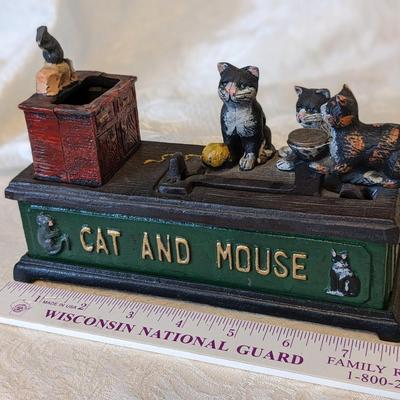 Vintage Reproduction Cast Iron Cat and Mouse Mechanical Coin Bank