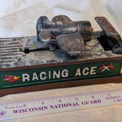 Vintage Racing Ace Pilot Mechanical Coin Bank Cast Iron Works