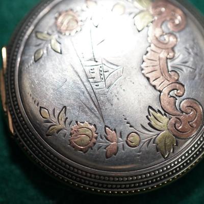 HAMPDEN POCKET WATCH STERLING CASE W/ROSE GOLDAND BRASS INLAYS HUNTERS CASE