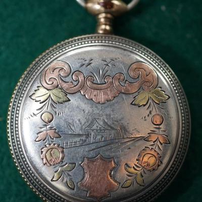 HAMPDEN POCKET WATCH STERLING CASE W/ROSE GOLDAND BRASS INLAYS HUNTERS CASE