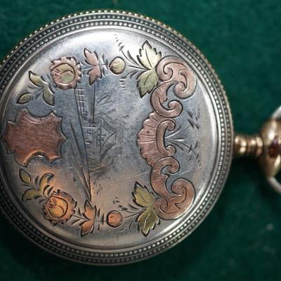 HAMPDEN POCKET WATCH STERLING CASE W/ROSE GOLDAND BRASS INLAYS HUNTERS CASE