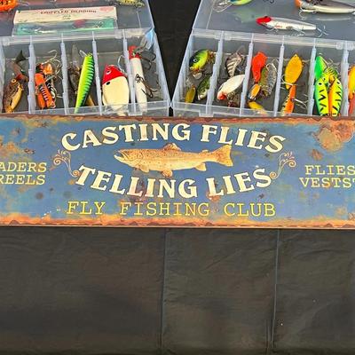 Extra Large Lot of 35 Assorted Fishing Lures and Decorative Sign