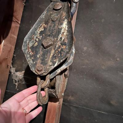 Large Lot of Chains, Metal Cables, Hooks, and Pulley of Varying Sizes and Lengths