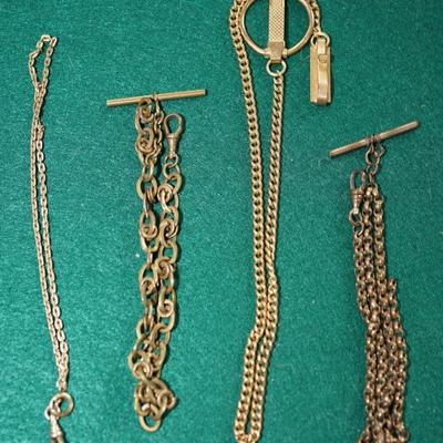 GROUPING OF FOUR BRASS & GOLD-FILLED WATCH CHAINS