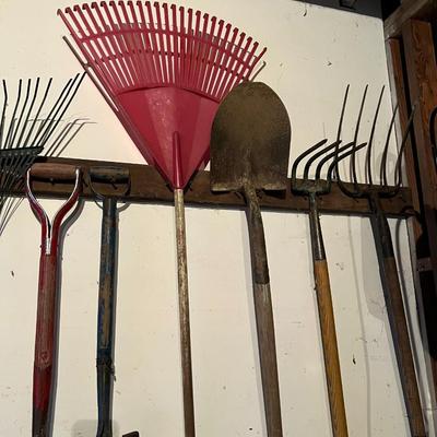 Lot of 7 Yard Tools incl. Rakes, Cultivator, Fork, and Shovels